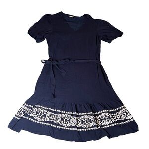 Tea n Rose Cotton Cottage Core Navy Prairie Dress with Eyelet Floral Embroidery